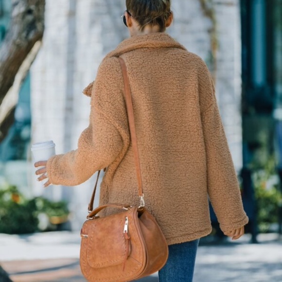 Cozy Khaki Tan Wide Collar Teddy Jacket Coat Oversized - Picture 3 of 16